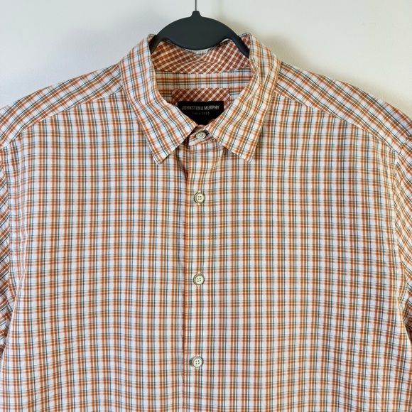 Johnston & Murphy Short Sleeve Button Front Down Shirt Plaid Orange Tan White - Picture 3 of 10